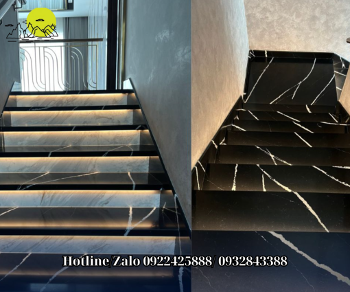 đá ốp cầu thang màu đen trắng vân mây
