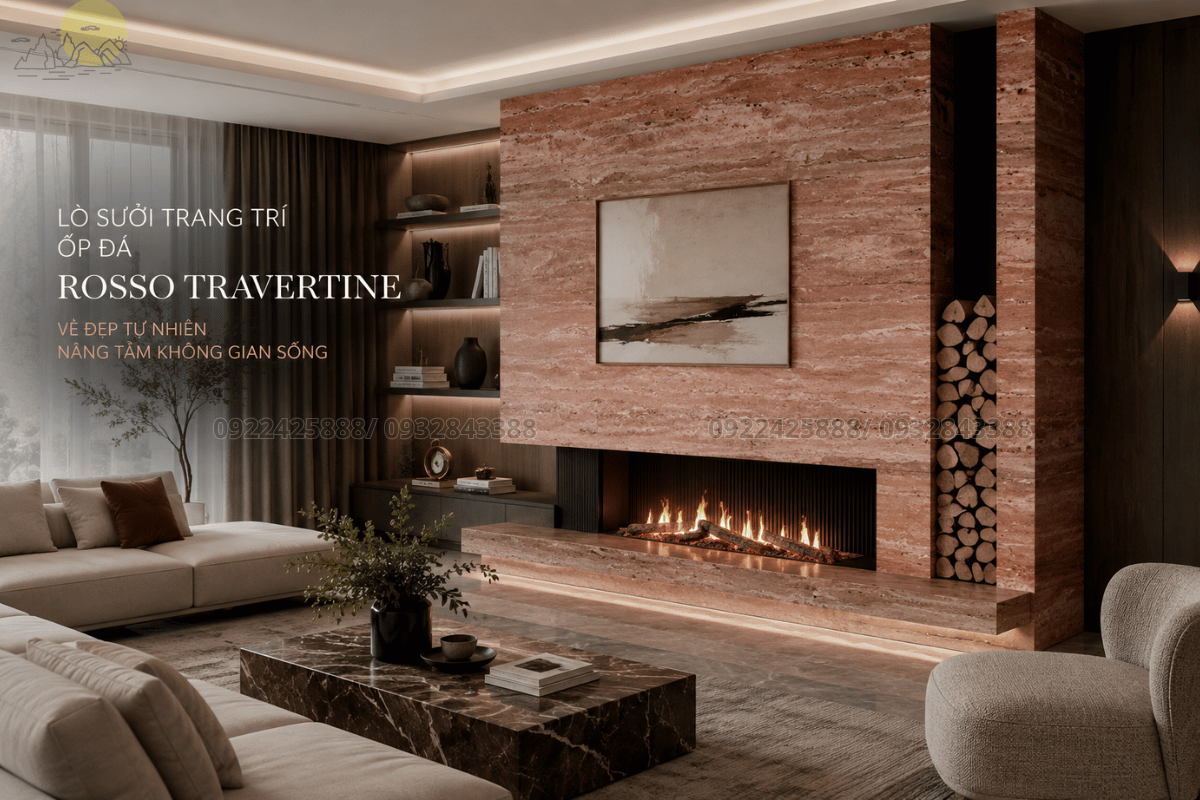 30 mẫu Đá Travertine - Lò sưởi ấm áp làm từ đá Rosso Travertine đỏ