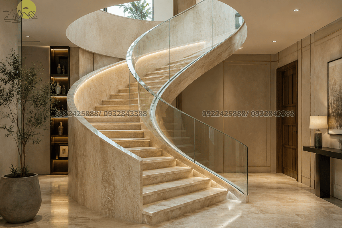 30 mẫu Đá Travertine - Hạng mục Đá Ốp Cầu Thang xoắn ốc bằng đá Travertine thượng hạng