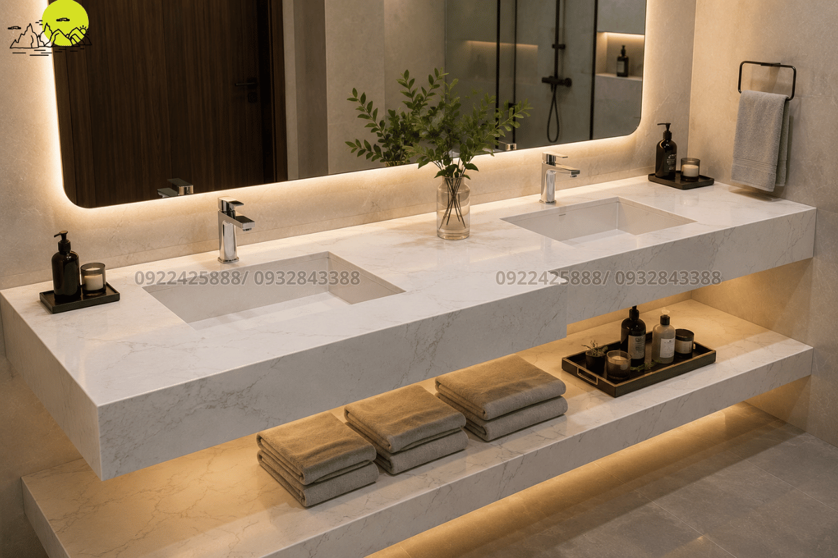 Ứng dụng đá thạch anh nhân tạo làm bàn lavabo giật cấp hiện đại