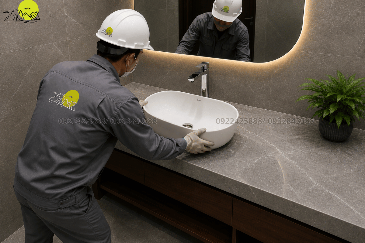 Hình ảnh lắp đặt chậu dương bàn tinh tế trên mặt nền đá marble xám