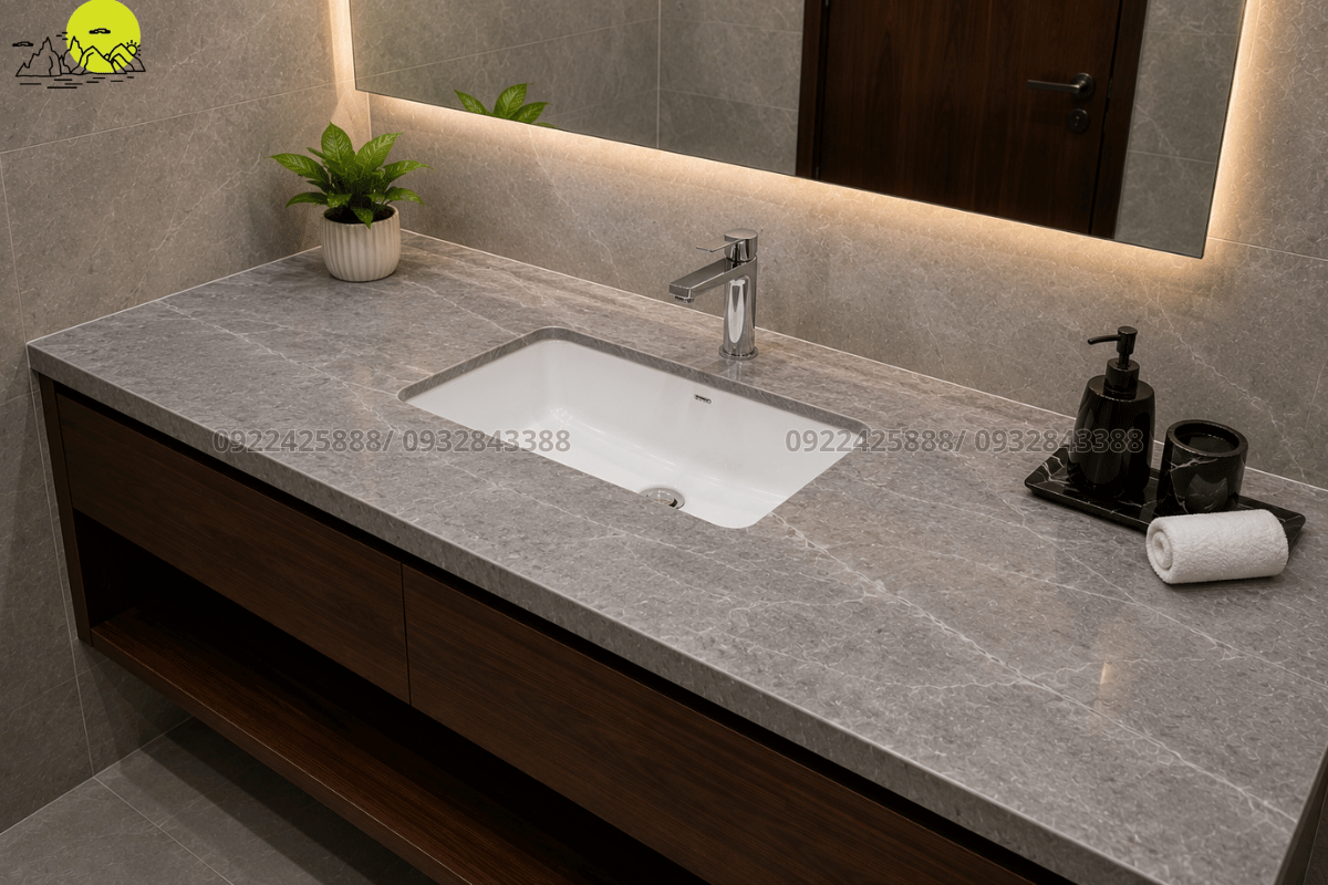 Thiết kế mặt bàn đá lavabo lắp chậu âm bàn phẳng mịn tinh tế