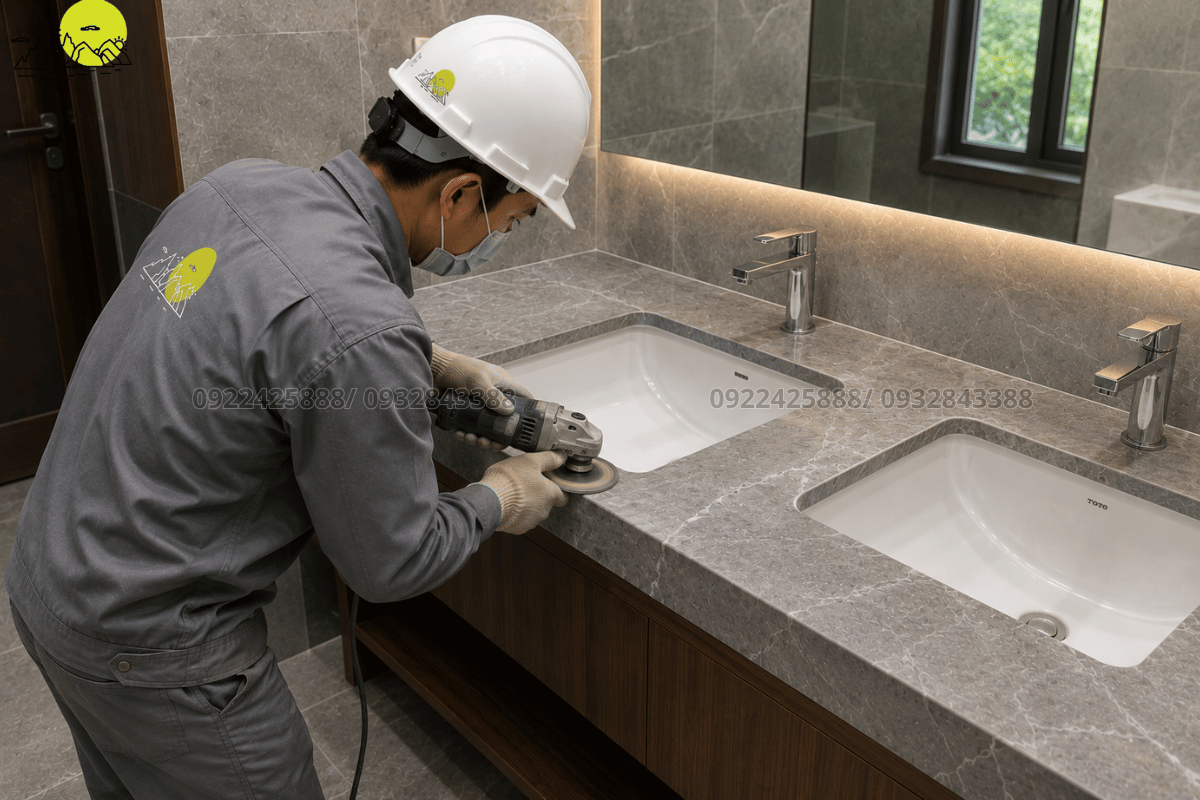 Công đoạn thợ kỹ thuật mài vát mòi cạnh đá cho chậu lavabo âm bàn