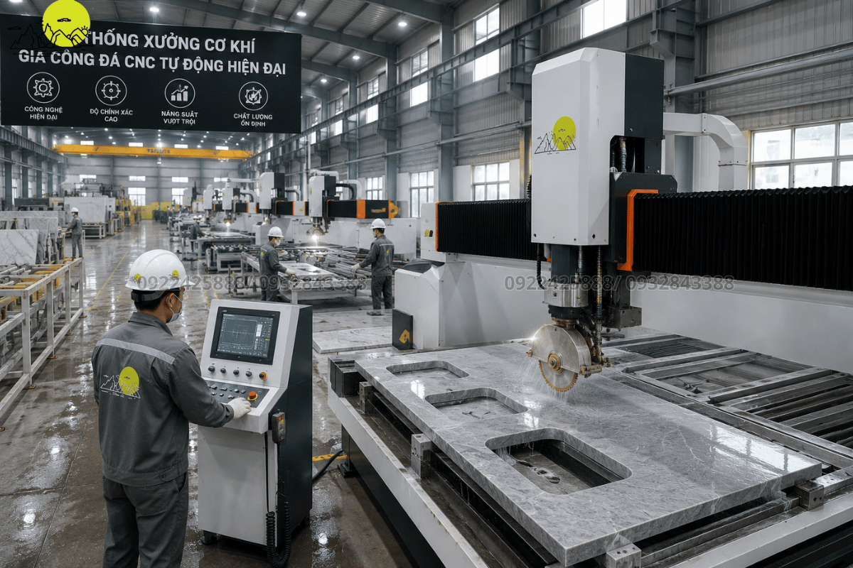 Hệ thống xưởng cơ khí gia công đá CNC tự động hiện đại của Tổng Kho Đá