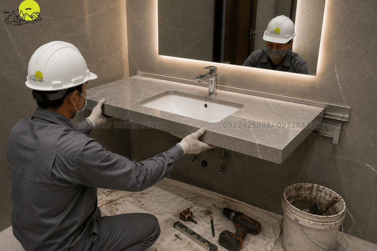 Đội ngũ thợ đá lành nghề đang thi công lắp đặt bàn đá lavabo treo tường