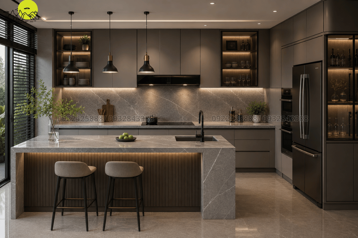 Thiết kế không gian bếp sang trọng đồng bộ với dải vân đá bàn bếp cao cấp