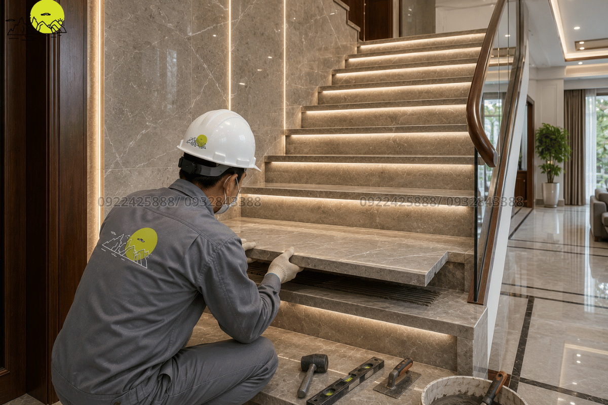 Hình ảnh thi công đá ốp cầu thang bộ đồng bộ kiến trúc cho biệt thự