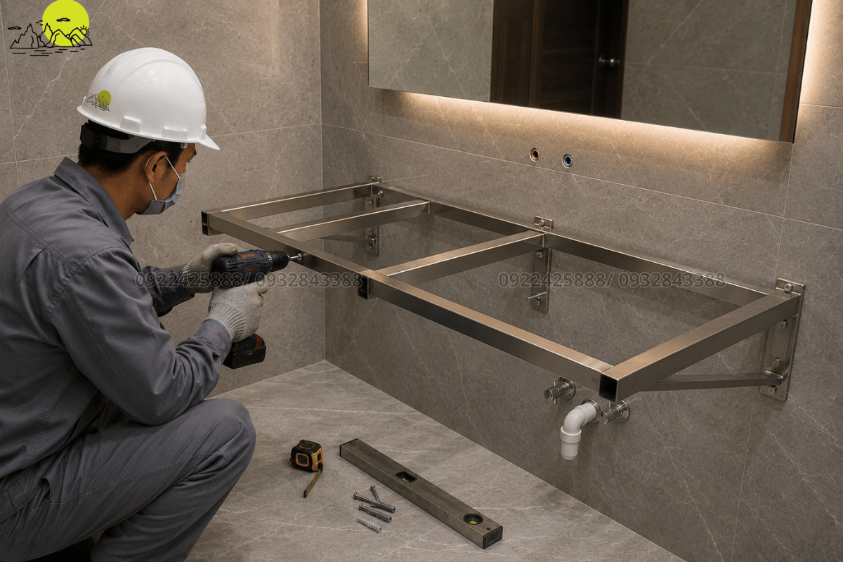 Kỹ thuật thi công lắp đặt giá đỡ inox chịu lực cho bàn đá treo tường