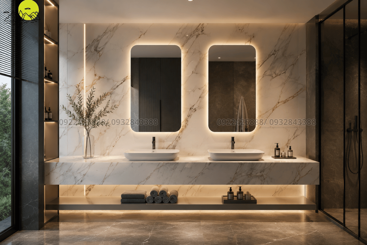 Mẫu thiết kế vách và bàn lavabo bằng đá nung kết khổ lớn sang trọng