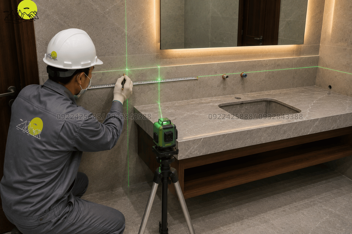 Thợ kỹ thuật định vị kích thước lắp đặt bàn lavabo bằng máy laser