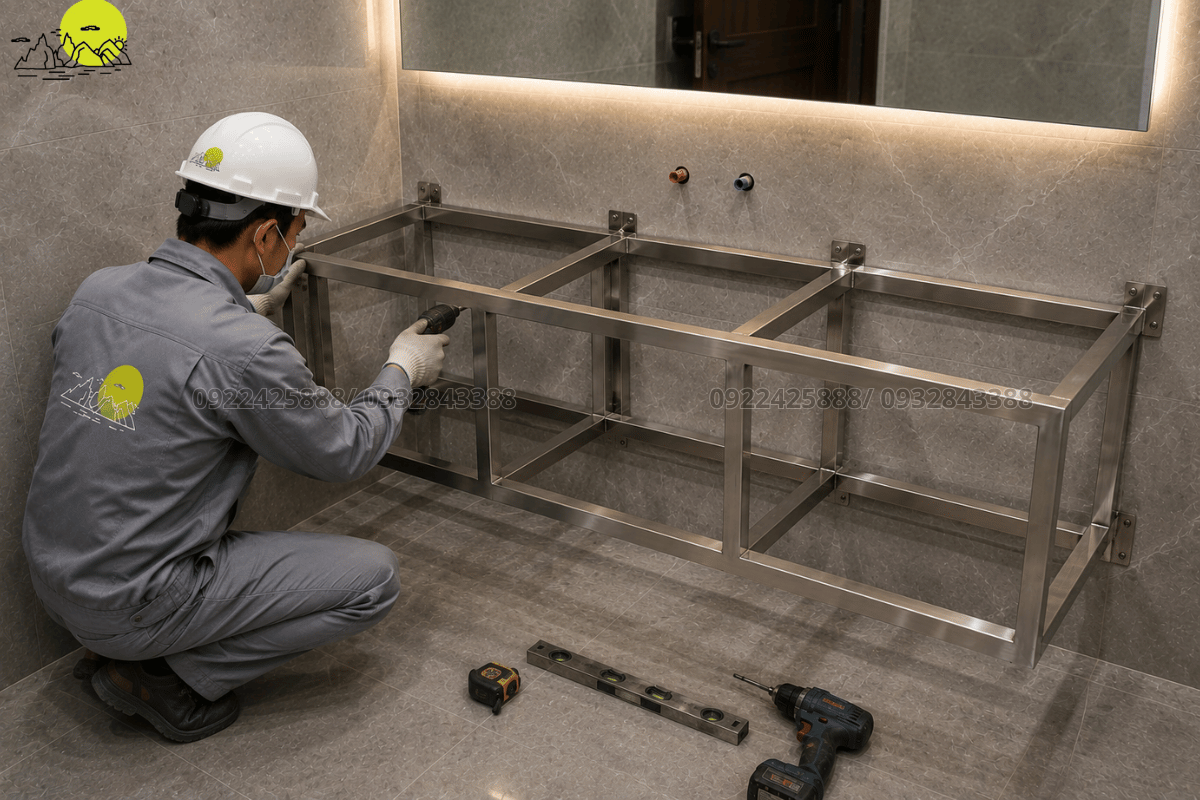 Công đoạn lắp đặt khung xương inox chống rỉ chịu lực cường độ cao