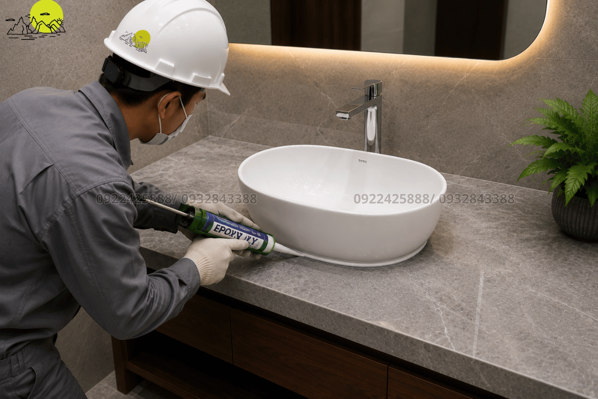 Hình ảnh thợ bôi keo epoxy liên kết và chống thấm xung quanh cổ chậu rửa