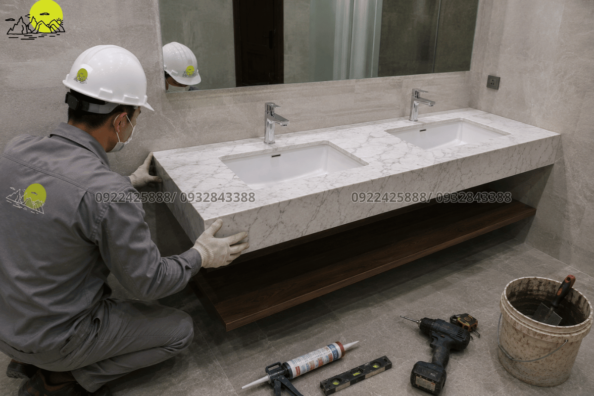Hình ảnh thi công thực tế bàn đá chậu rửa mặt giật cấp tại Hải Phòng
