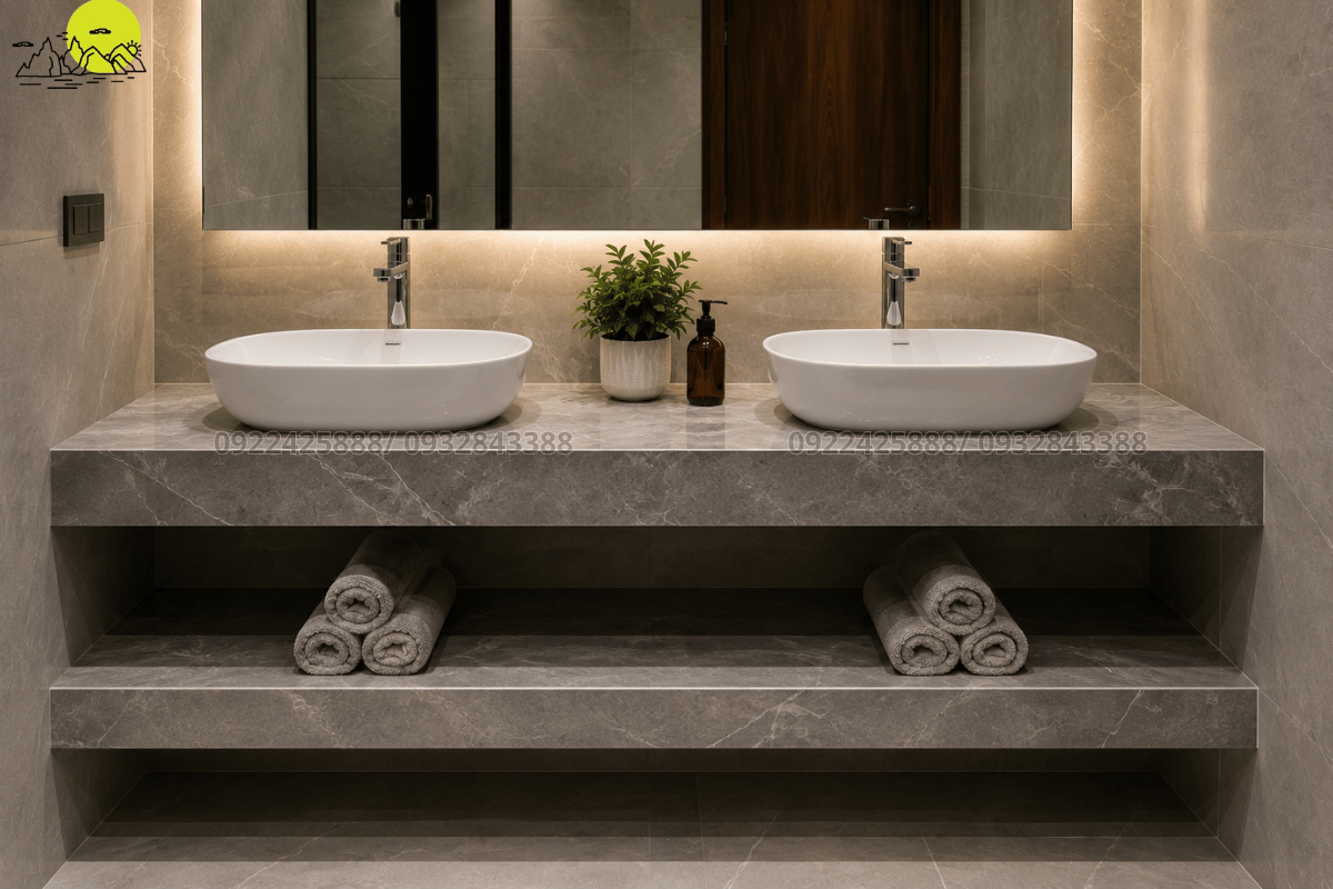 Thiết kế bàn đá lavabo treo tường hai tầng hiện đại tối ưu diện tích