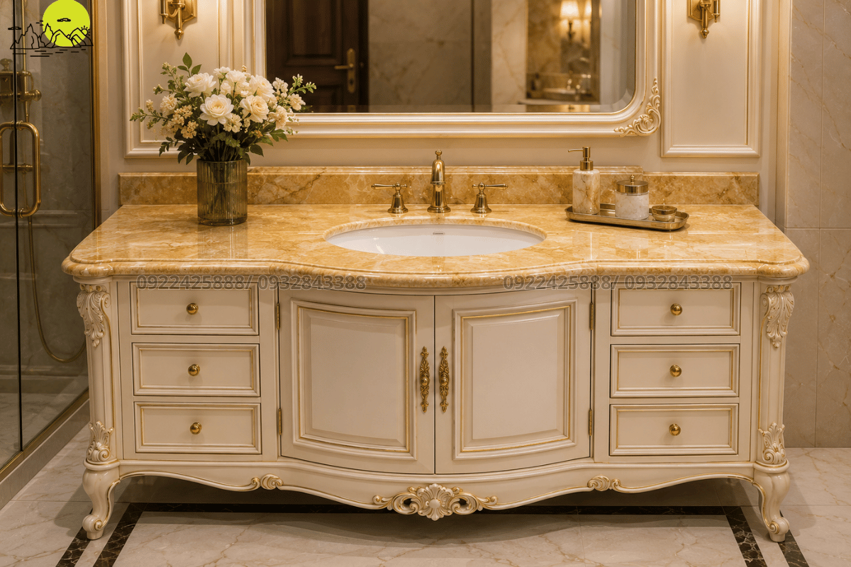 Mẫu tủ chậu rửa mặt tân cổ điển kết hợp mặt bàn đá marble vàng