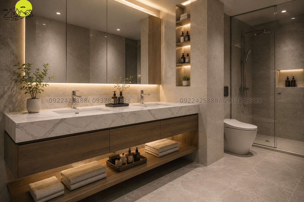 Phối cảnh không gian sảnh tắm có hệ bàn đá lavabo kết hợp tủ bệ sang trọng
