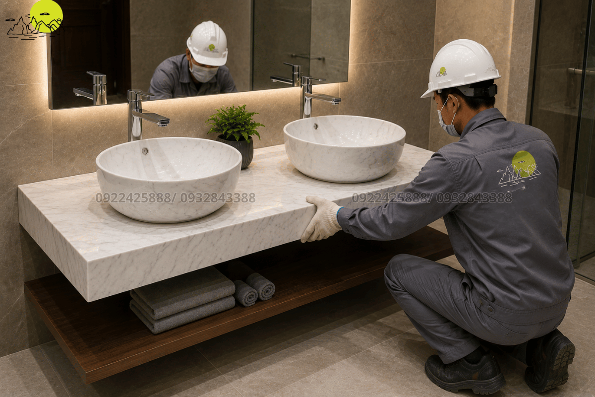 Kiểu dáng bàn đá lavabo lắp đặt chậu rửa nổi nghệ thuật thời thượng