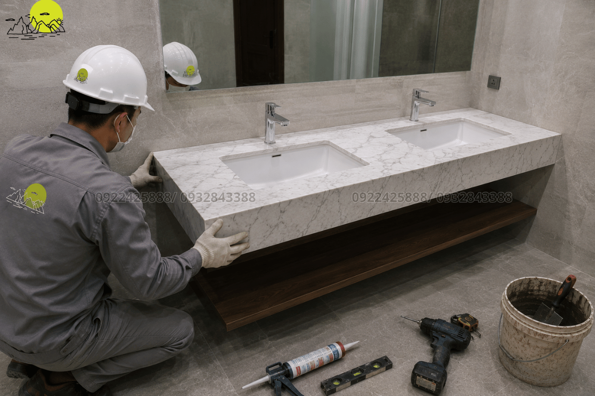 Hình ảnh thi công bàn chậu rửa mặt bằng đá chịu lực chịu nước
