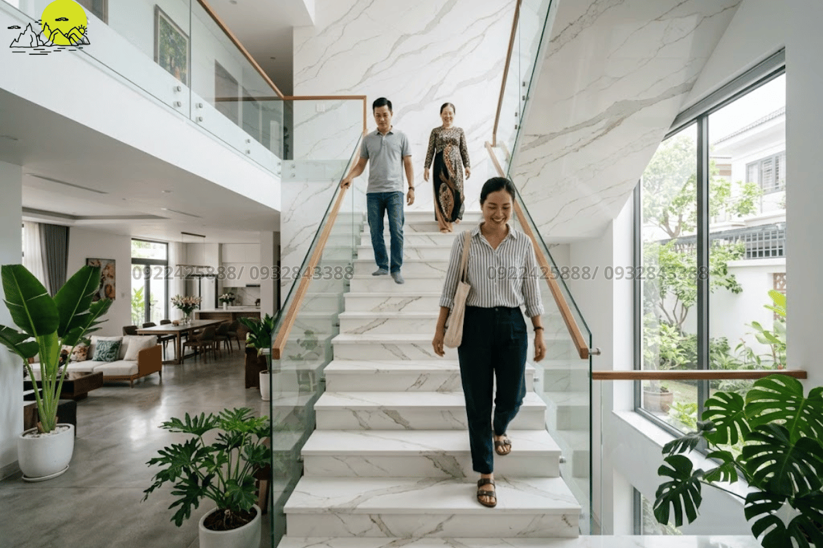 Không gian kiến trúc thanh lịch với cầu thang ốp đá thạch anh trắng vân mây