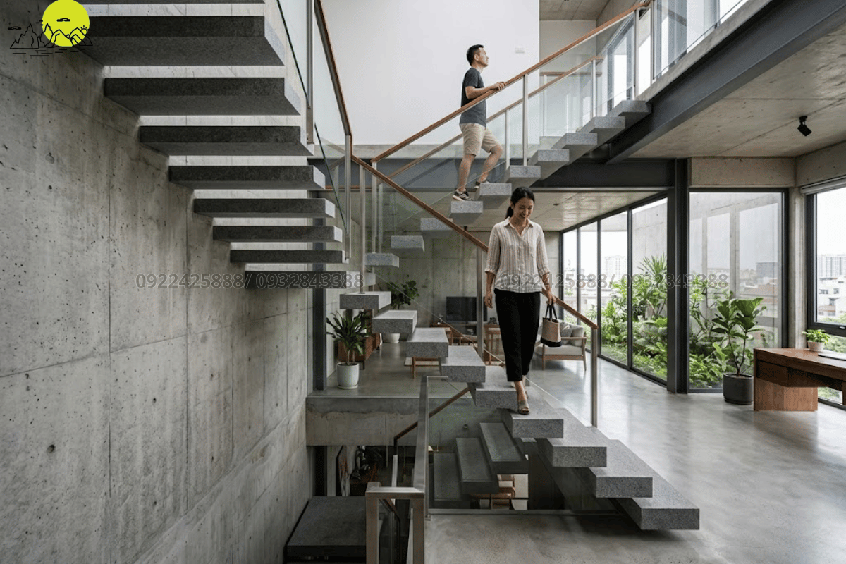Thiết kế cầu thang bay độc đáo với các bậc đá hộp vuông vắn nguyên khối