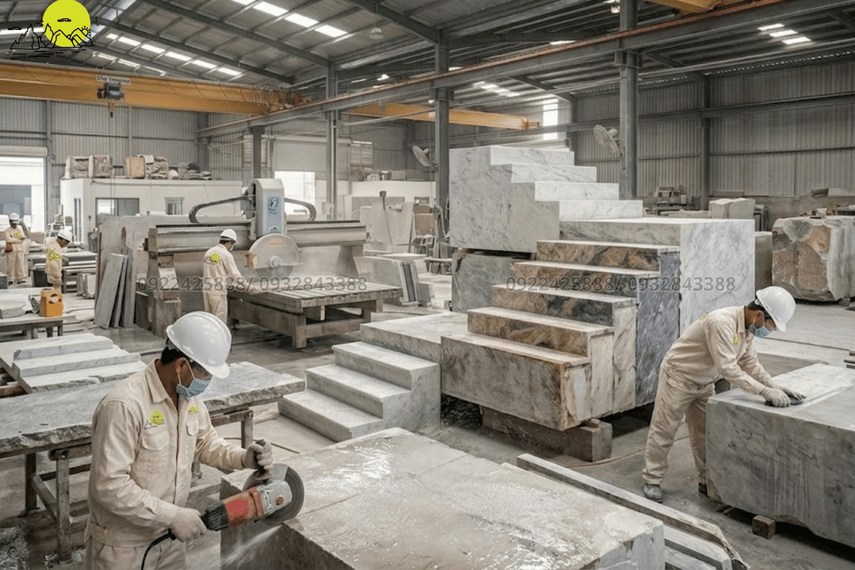 Công đoạn thợ kỹ thuật gia công vát mòi cạnh đá hộp cho cầu thang bay