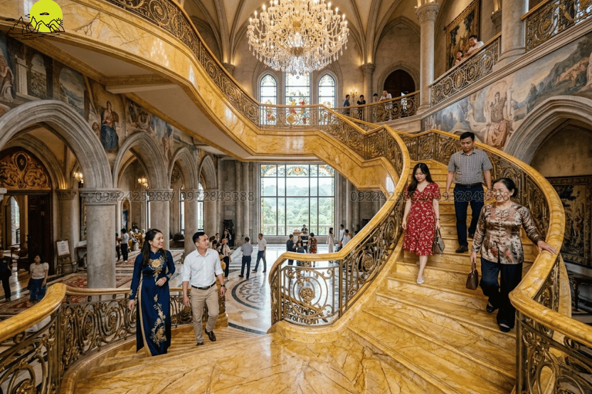 Kiểu dáng cầu thang bộ lâu đài tân cổ điển ốp đá marble vàng quý tộc