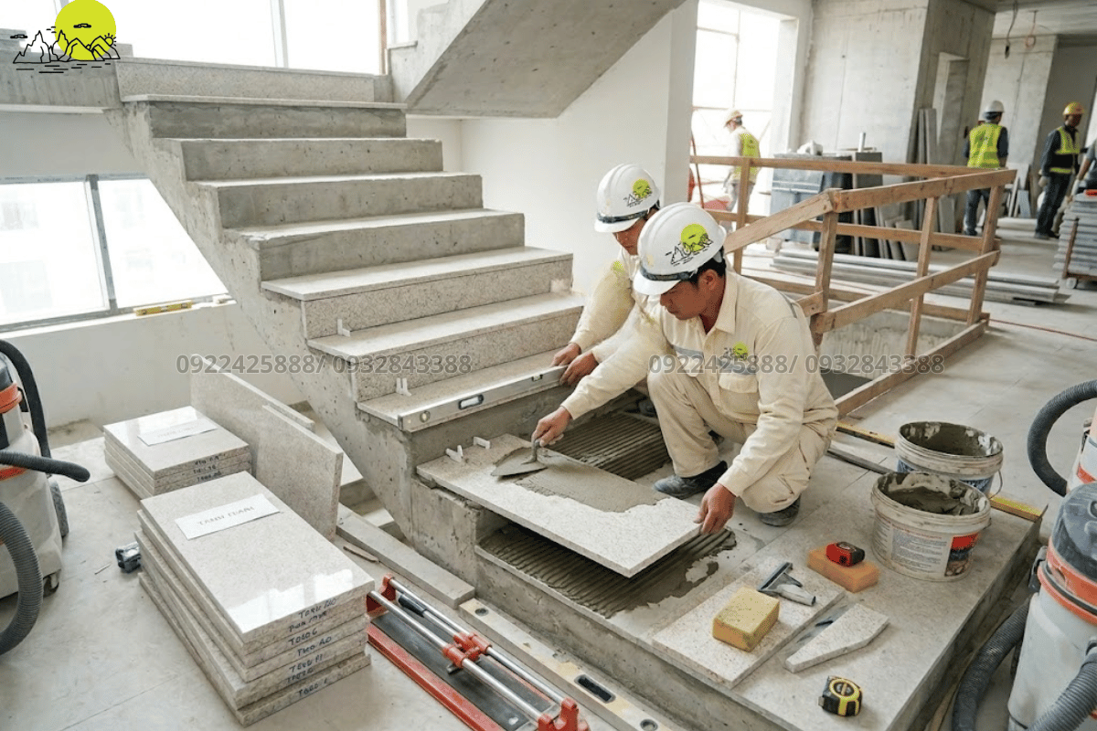 Hình ảnh thi công ốp đá làm cầu thang bộ chuẩn kỹ thuật tại công trình