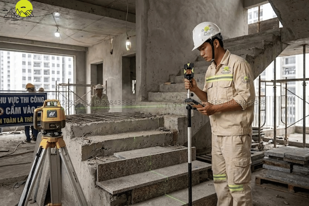 Thợ kỹ thuật sử dụng máy laser định vị cao độ lắp đặt bậc đá cầu thang