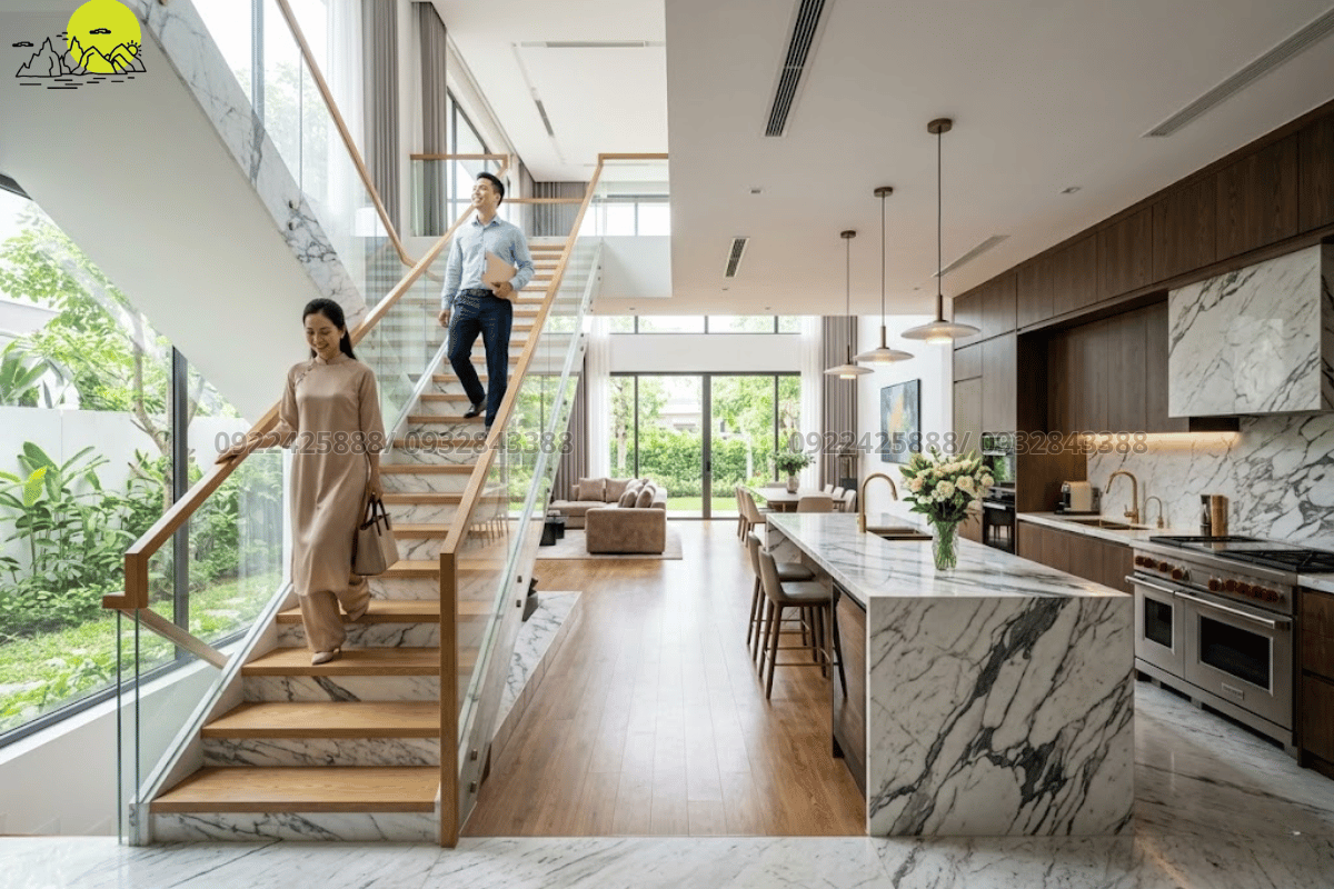 Không gian bếp sang trọng với dải vân đá bàn bếp cao cấp đồng bộ ngôi nhà