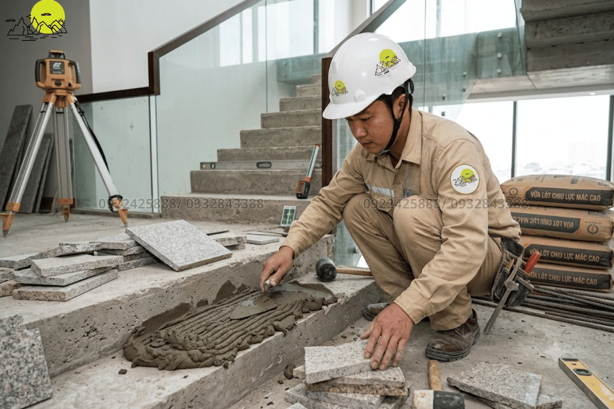 Hình ảnh thợ đá đang rải lớp vữa lót chịu lực mác cao nền cầu thang