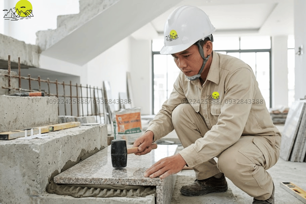 Thợ kỹ thuật sử dụng búa cao su gõ cân bằng tấm đá mặt bậc