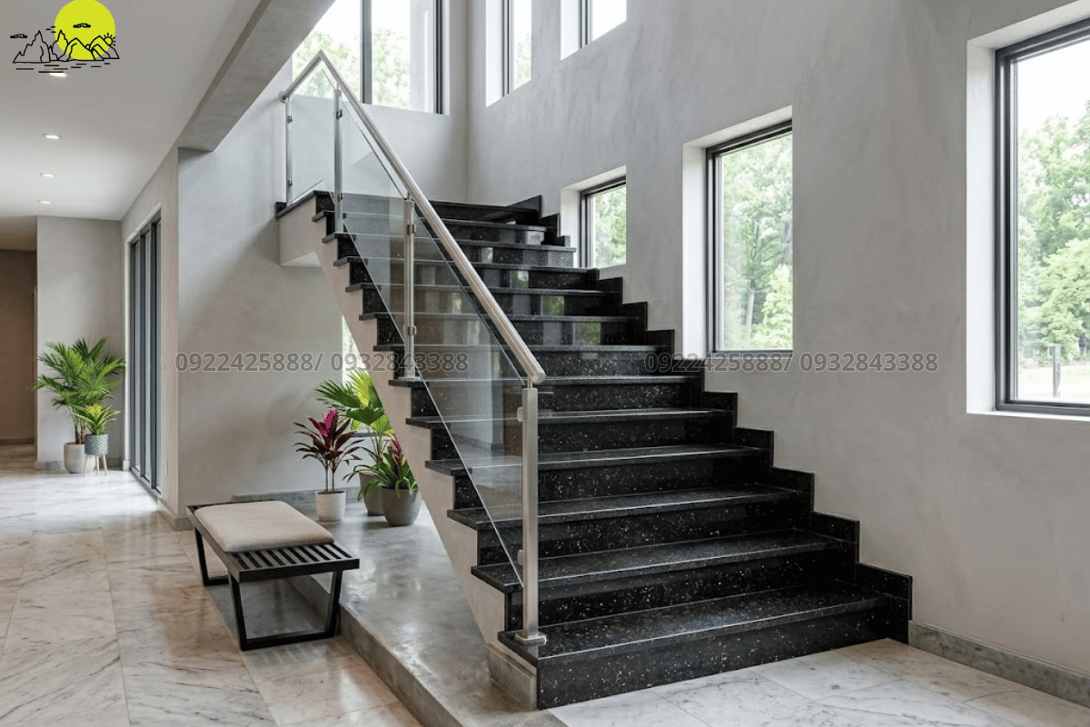 Ứng dụng mẫu đá granite đen kim sa tự nhiên ốp cầu thang bộ