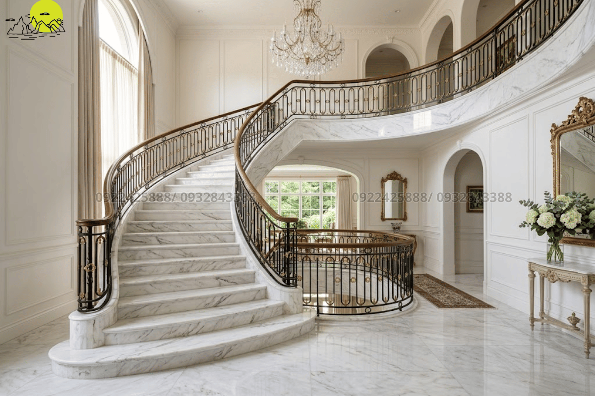 Thiết kế cầu thang bộ biệt thự sang trọng bằng đá marble trắng volakas