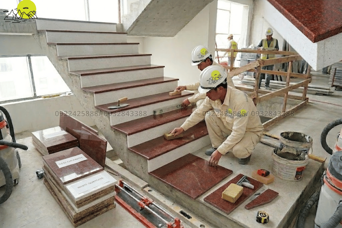 Hình ảnh ứng dụng đá marble nâu Tây Ban Nha làm mặt bậc cầu thang bộ