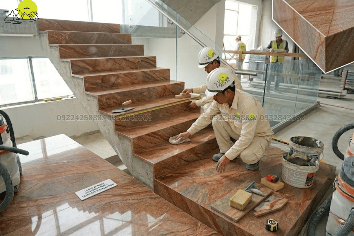Hình ảnh ứng dụng đá nung kết đối vân đối xứng ốp vách và bậc cầu thang