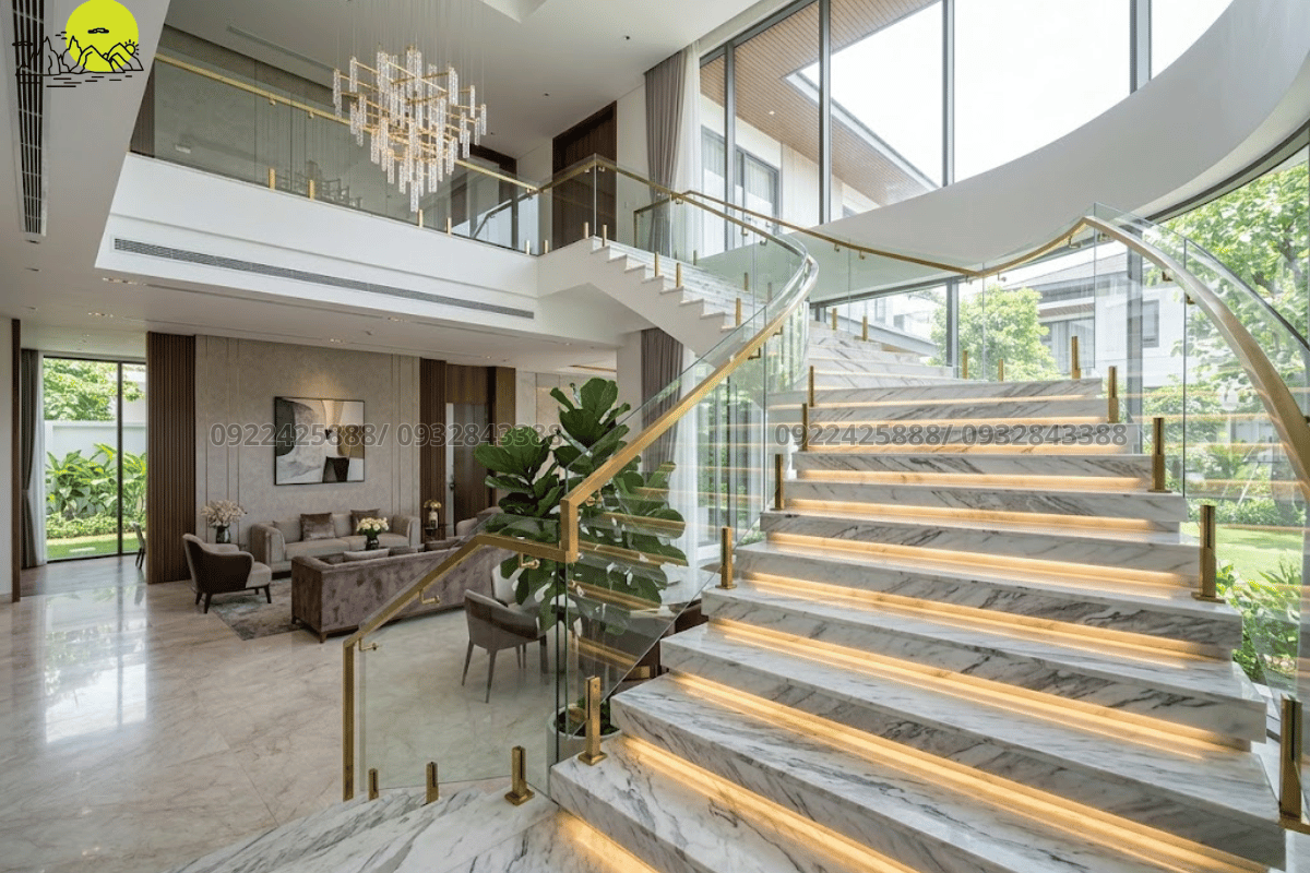 Không gian kiến trúc sang trọng sử dụng đá làm cầu thang bộ cao cấp