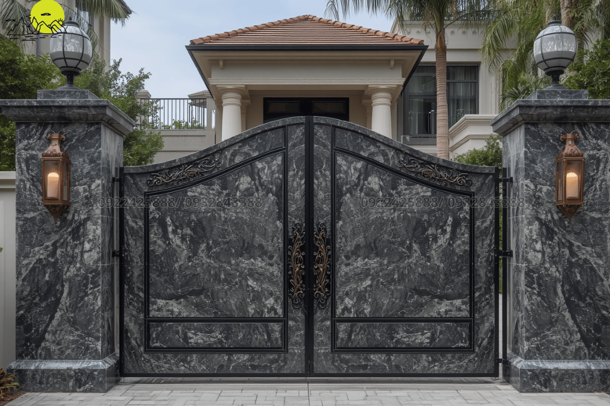 Mẫu vách cột cổng sang trọng sử dụng đá Granite xà cừ nhập khẩu nguyên tấm chịu lực