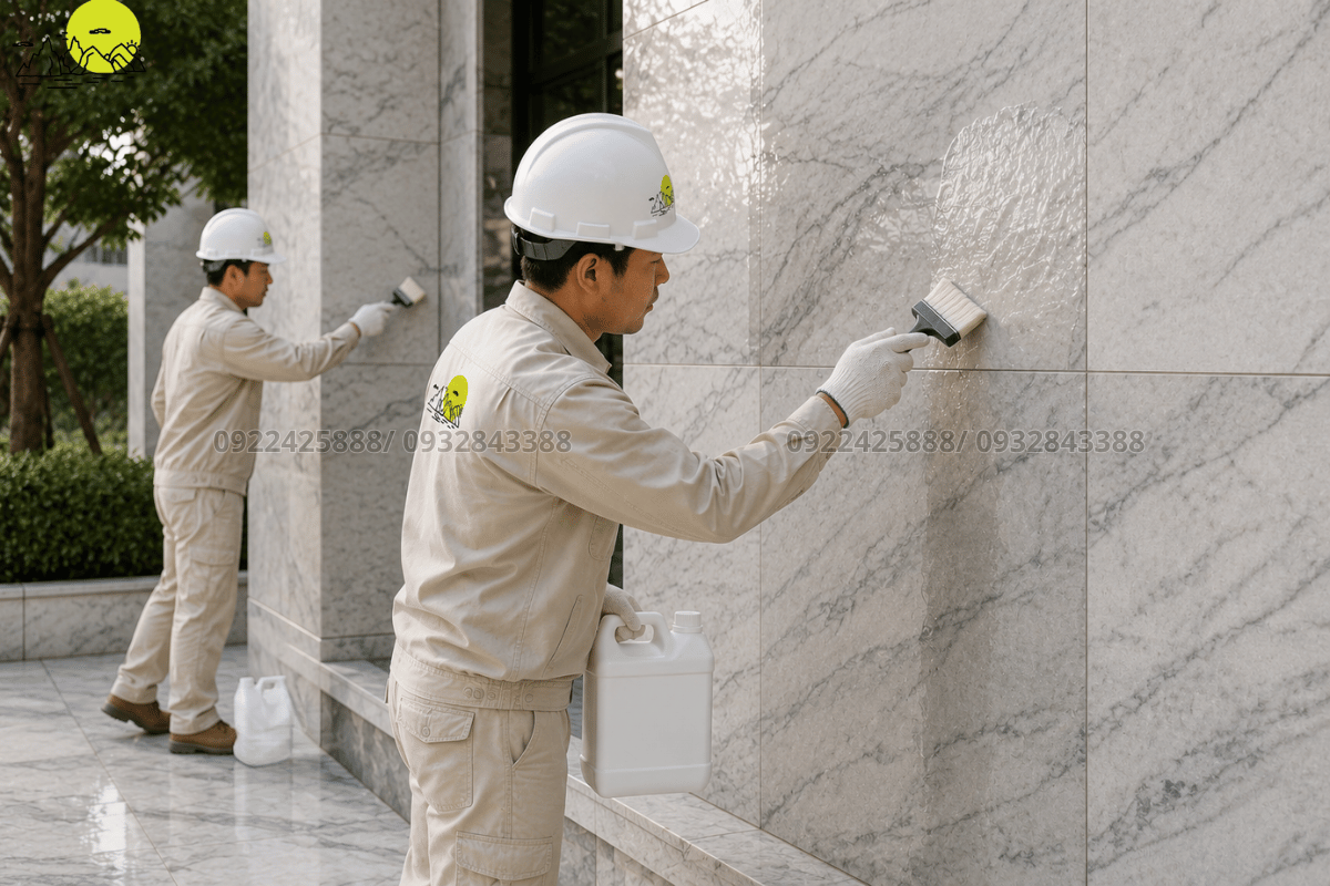 Quá trình quét hóa chất chống thấm chuyên dụng 6 mặt cho đá Marble trước khi lắp dựng ngoài trời