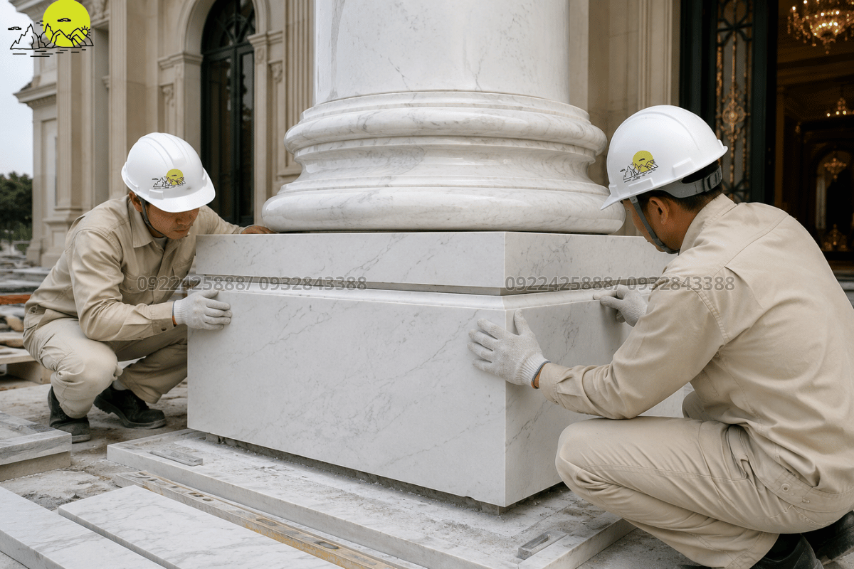 Đội ngũ thợ tiến hành căn chỉnh lắp ráp khối đá chân cột sảnh tròn kiên cố