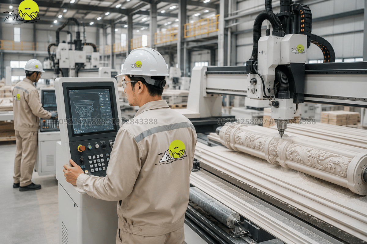 Hệ thống máy CNC hiện đại gia công gọt dũa phào chỉ cột sảnh tự động tại nhà xưởng