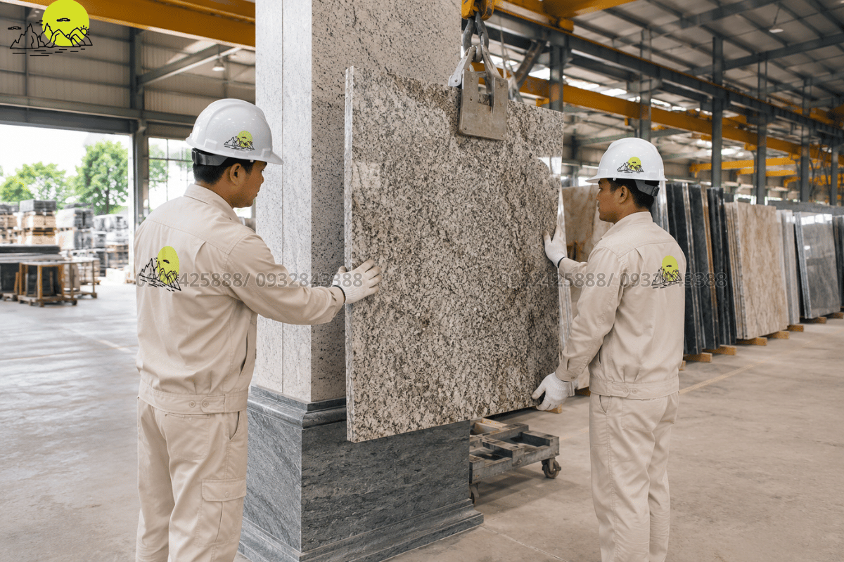 Đội ngũ thợ chuyên nghiệp tiến hành nâng tấm đá Granite lớn lắp dựng cố định vào hệ ke vách cổng