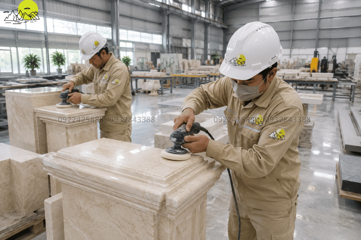 Công đoạn mài mịn xử lý thẩm mỹ mối nối phào chỉ đầu cột sảnh biệt thự sau hoàn thiện
