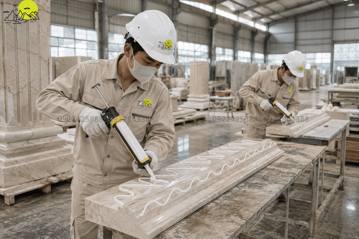 Kỹ thuật viên tiến hành bơm keo kết cấu cố định mặt sau tấm phào chỉ chân cột đá vuông