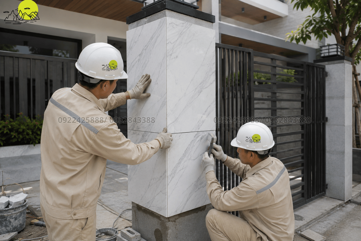 Quá trình lắp ráp cố định tấm đá nung kết khổ lớn ốp mặt dựng trụ cổng vuông mặt tiền