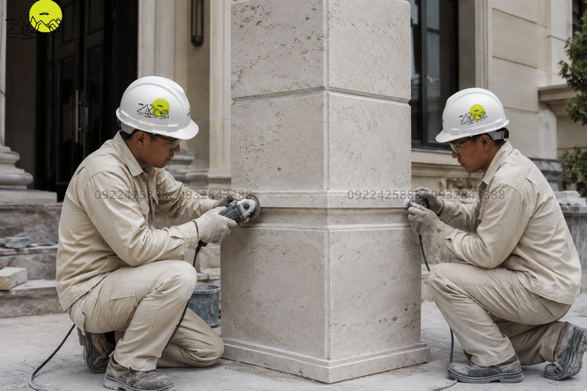 Cận cảnh phào chỉ nghệ thuật gia công từ đá Travertine để ốp cột vuông biệt thự
