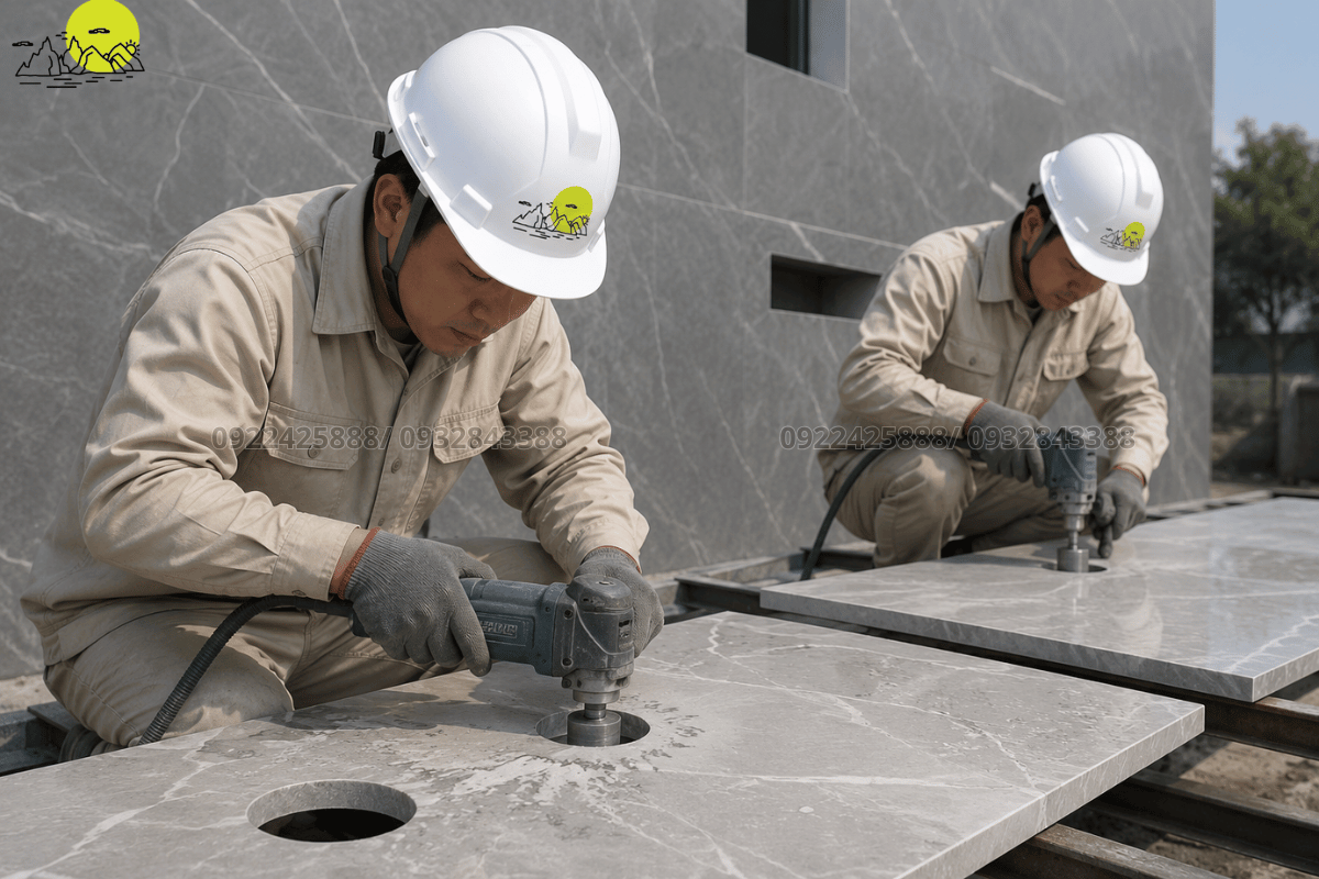 Kỹ thuật viên tỉ mỉ đục lỗ kỹ thuật luồn hệ thống đèn chiếu sáng trên tấm đá vách dựng