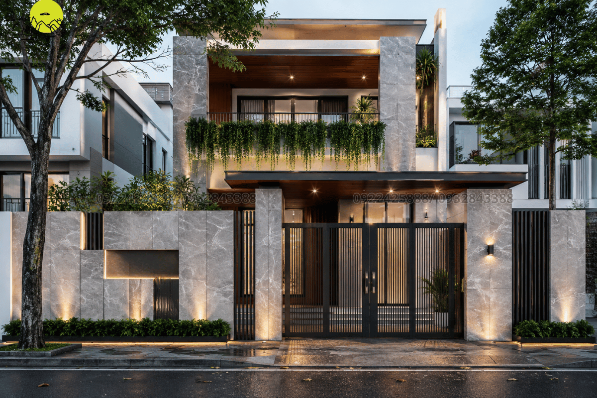 Mặt tiền nhà phố ấn tượng với mảng đá ốp cột và tường rào bằng chất liệu đá nung kết khổ lớn