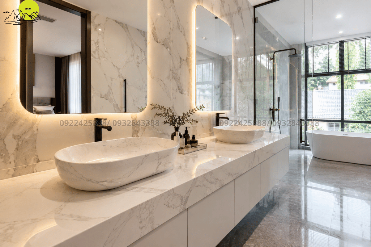 Hình ảnh ứng dụng thực tế lavabo và chậu rửa mặt bằng đá thạch anh trắng vân mây sang trọng