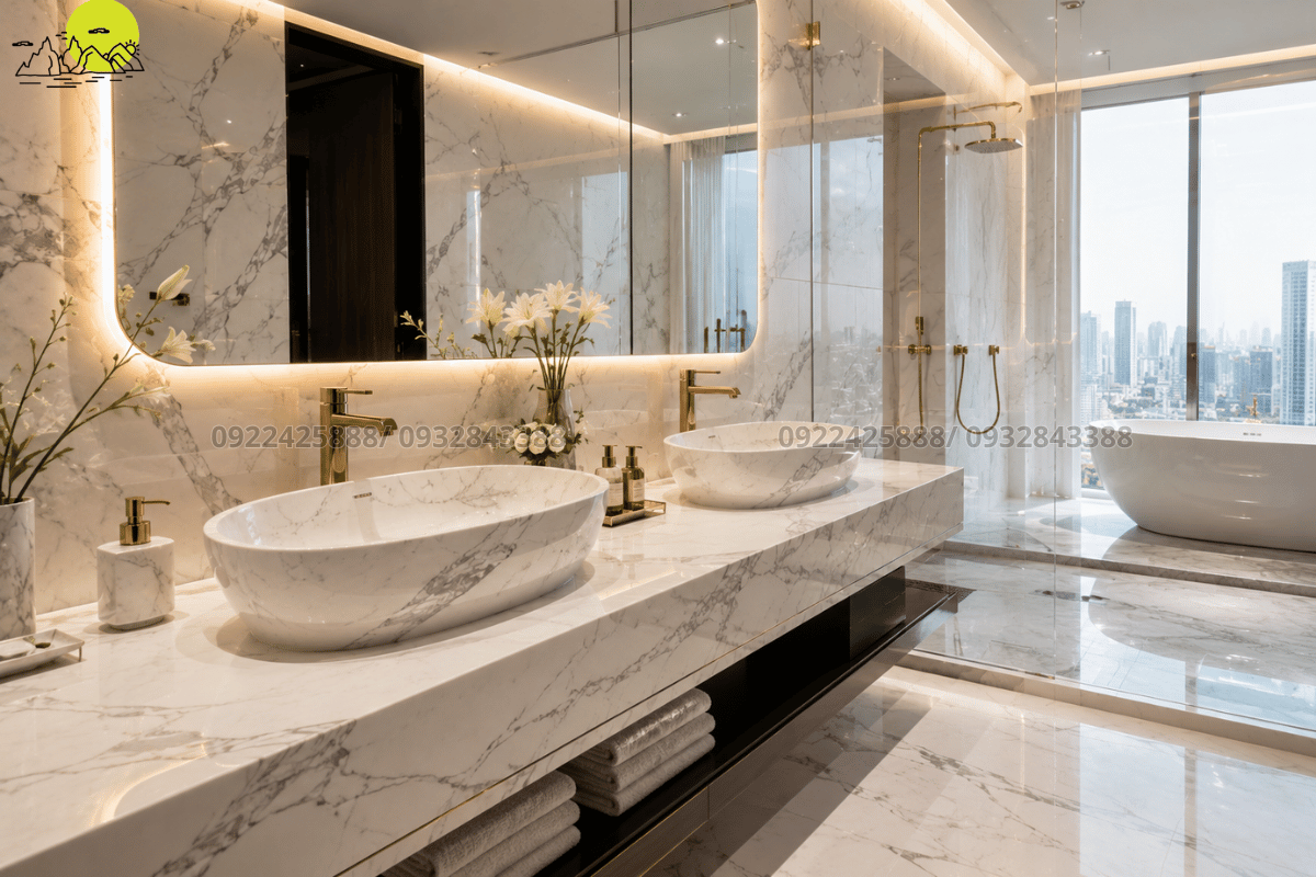 Sự kết hợp hoàn mỹ giữa mặt bàn đá và chậu rửa mặt bằng đá Marble trắng Ý