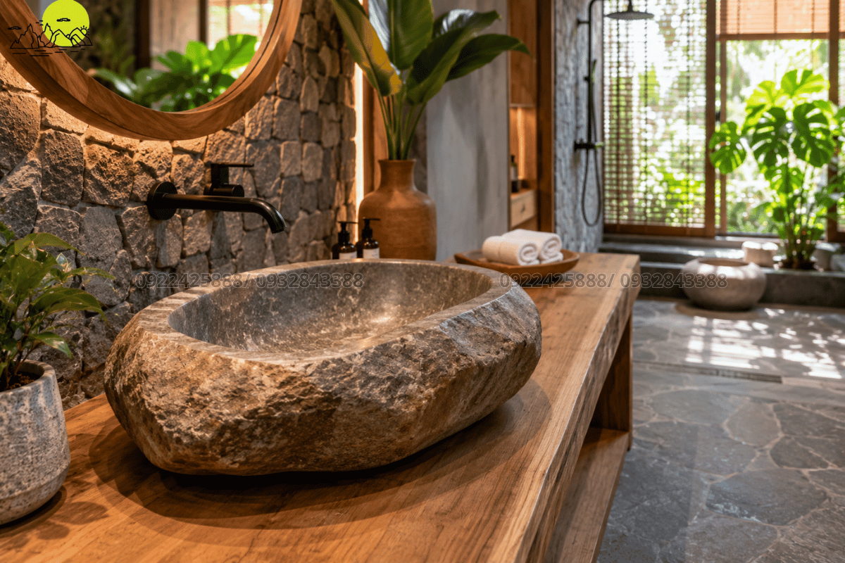 Kiểu dáng lavabo đúc nguyên khối từ đá cuội tự nhiên độc đáo ấn tượng